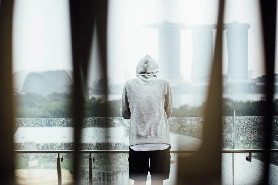 Personne en sweat à capuche vue de dos, debout face à une baie vitrée.