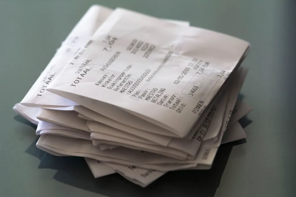 Pile de tickets de caisse froissés.