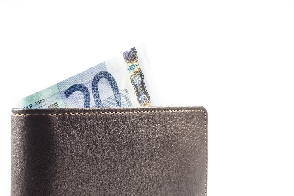 Billet de 20 euros qui dépasse d'un portefeuille en cuir brun, sur fond blanc.