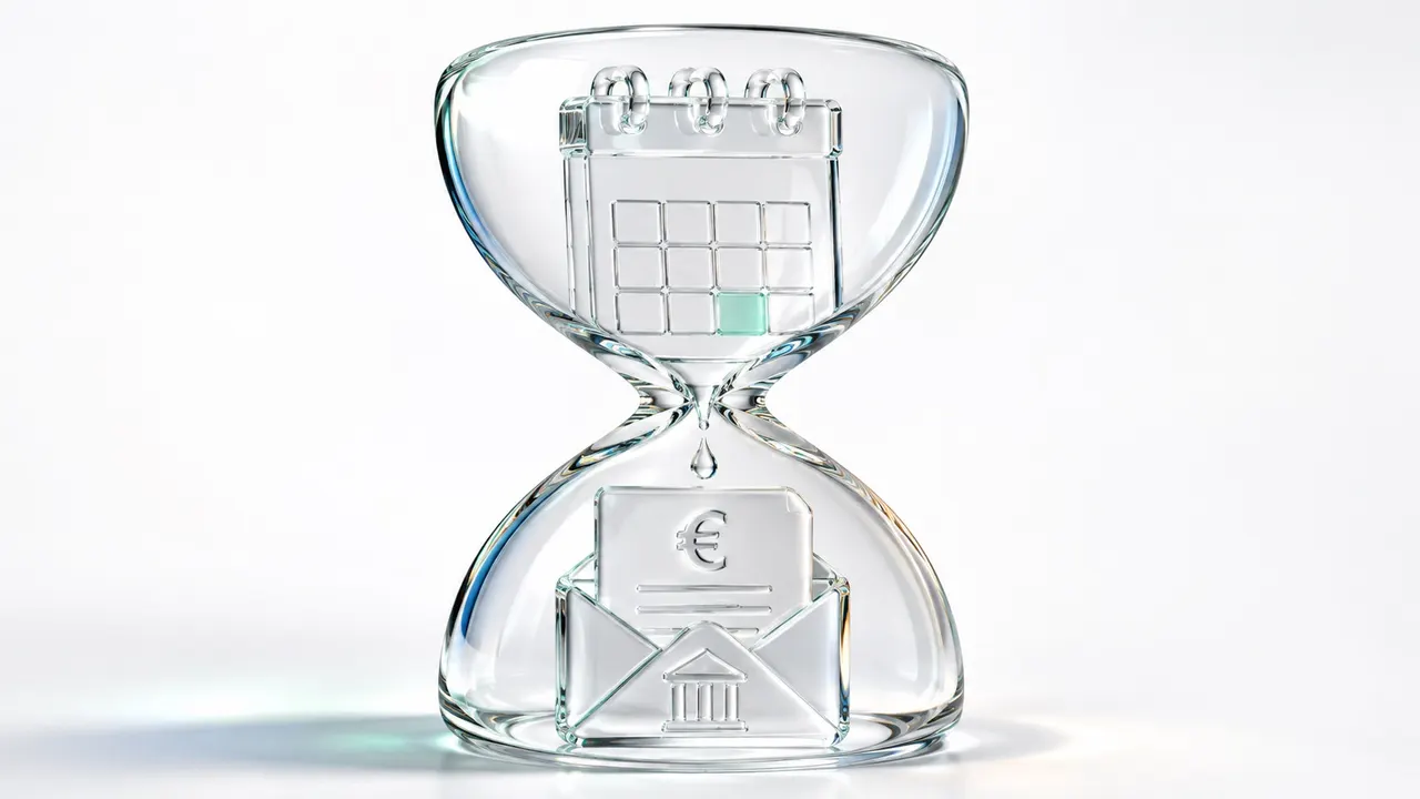 Sablier en verre avec un calendrier de septembre en haut et une enveloppe d'avis d'imposition en bas, symbole du solde d'impôt qui arrive avec un temps de retard.