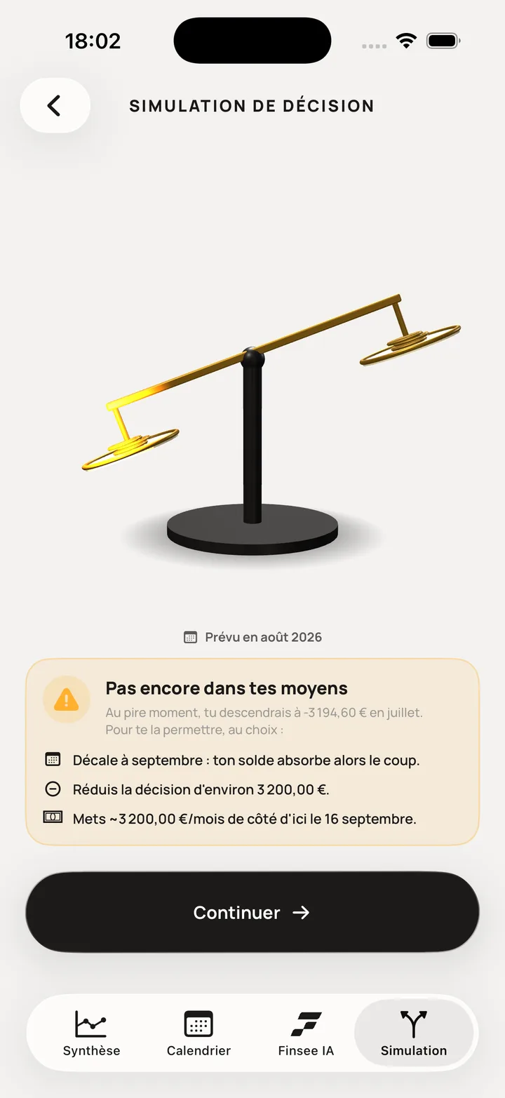 Simulation de décision dans l'app Fintur : le verdict « Pas encore dans tes moyens » et ses leviers