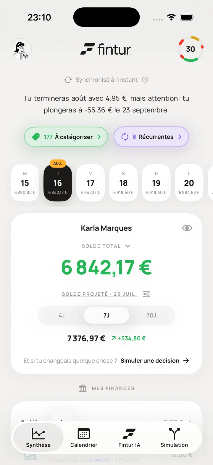 Écran Synthèse de Fintur : solde projeté des jours à venir
